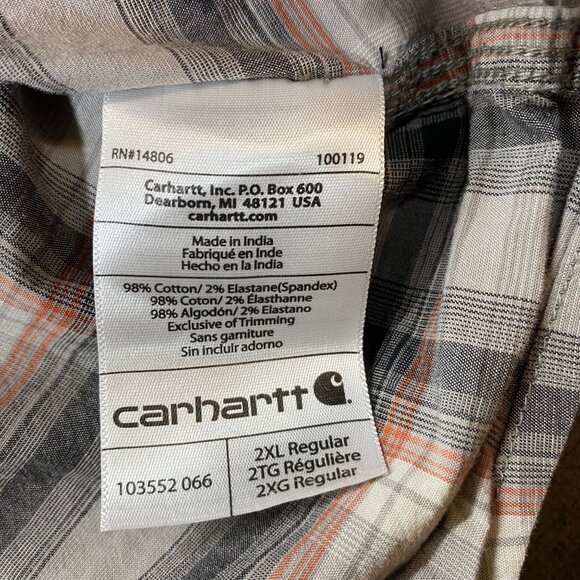 Carhartt Mens Relaxed Fit Plaid Button-Down Shirt 2XL Gray/Orange Cotton Blend - Picture 4 of 13